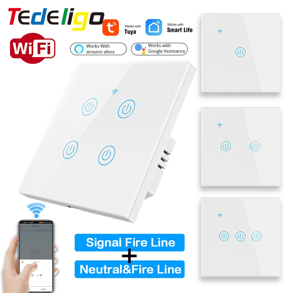 Tedeligo Smart Life WiFi Touch Glass Wall Switch Light APP nessun filo neutro richiesto 1/2/3/4 Gang Tuya EU Voice Google Home Alexa