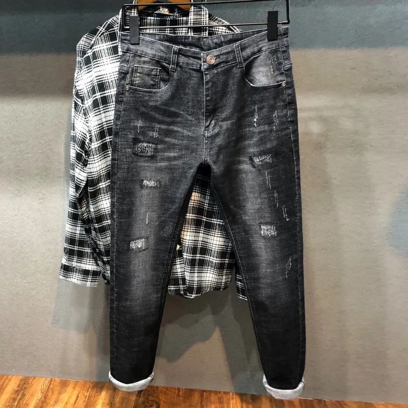 

Autumn New Style with Holes Jeans Men's Trend Korean-style Elasticity Slim Fit Pants Embroidered Labeling Patch Pants Men