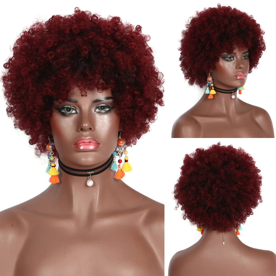 

GAKA Ombre Wine Red Short Afro Wigs with Bangs for Women Kinky Curly Hair Wig for Black White Women Big Bouncy Fluffy Curly Wig