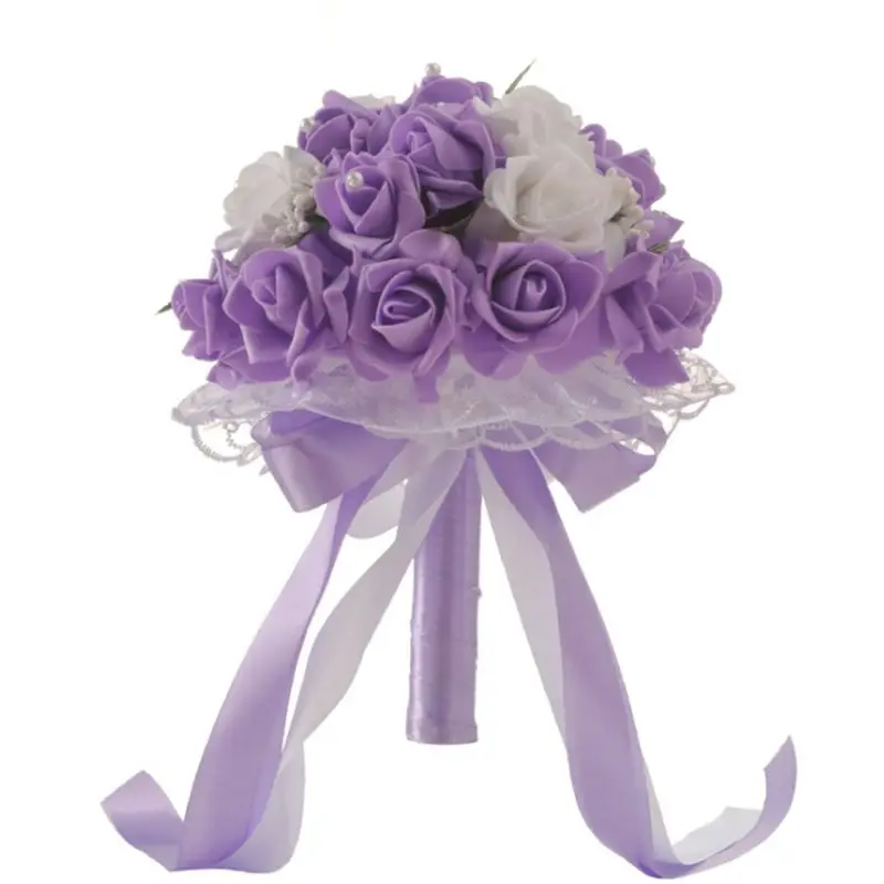 Purple Карамельный цвет пена искусственный букет из роз для свадьбы свадебный держащий цветок с длинными лентами Лук кружева Искусственный жемчуг вечерние реквизит декор - Цвет: Purple