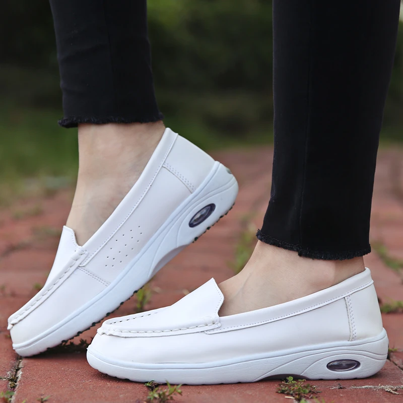PU Leather Women Casual Flats Shoes Nurse Shoes Black White Air Cushion Sneakers Shallow Breathable Solid Slip-on Loafers Female