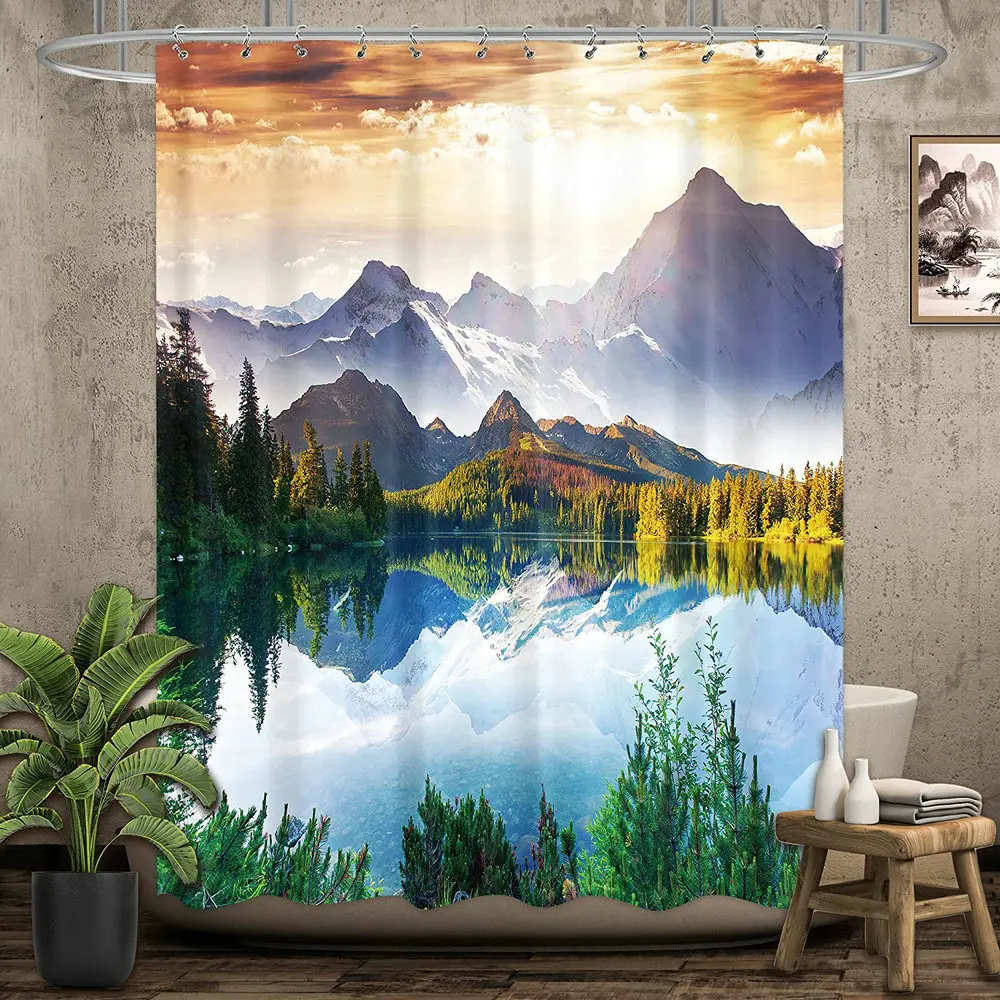 

Natural Scenery landscape Shower Curtain Mountain Scenic Blue Sky Forest Garden Beauty Wilderness With Hook Polyester Screen Set