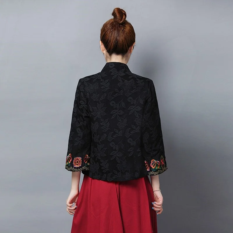 Женские китайские Топы Hanfu с вышивкой, винтажное пальто, этническое, литературное, стоячий воротник, хлопок, лен, китайский стиль, женская одежда TA2117