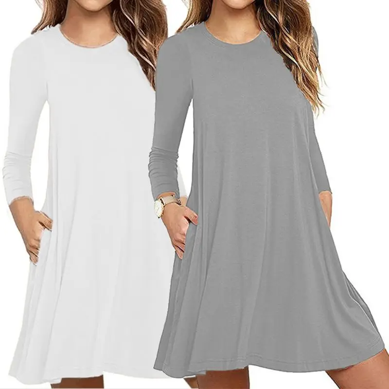 Женское осеннее платье-футболка с длинным рукавом и круглым вырезом, однотонное Плиссированное свободное Повседневное платье-пуловер с карманами