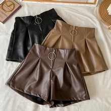 2021 outono inverno zíper das mulheres de couro do plutônio shorts feminino preto cintura alta estilo coreano curto femme shorts para roupas femininas