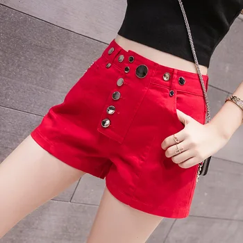 

Summer buttons new women denim shorts elastic high waist fashion irregular pockets Wide Leg Shorts With Belt 3 Colors 2020