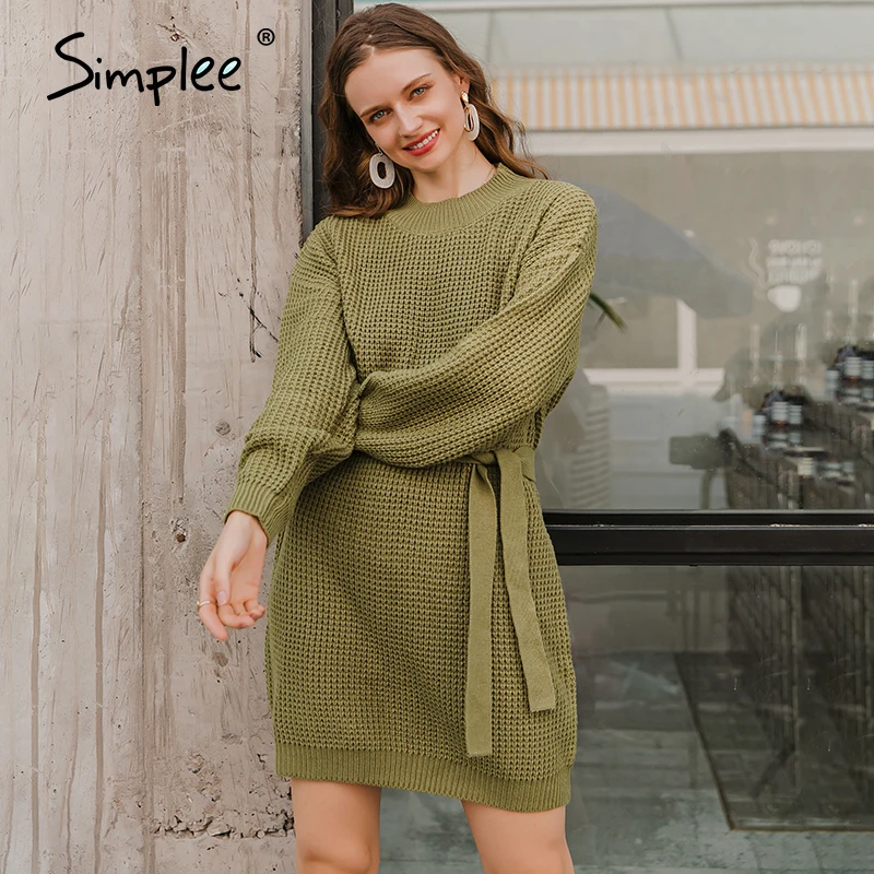 Женское вязаное платье свитер с круглым вырезом и поясом|Платья| | АлиЭкспресс - моя зеленая коллекция