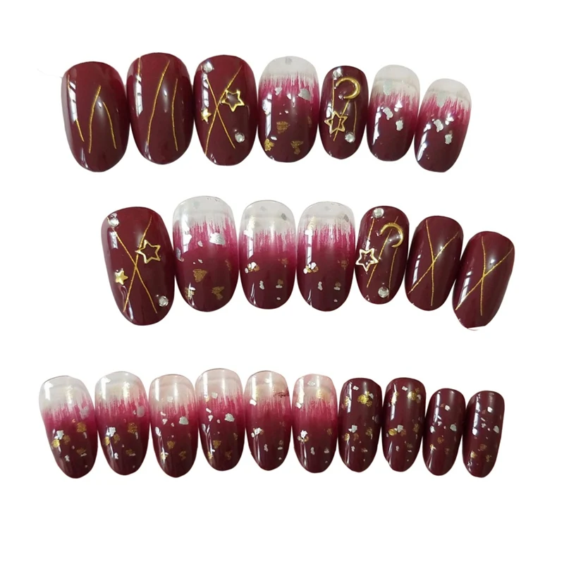 24pcs Gradient Starry Sky Fake Nails Short Round Head Diamond False Nails Removable Artificial Fake Nail art SQ62