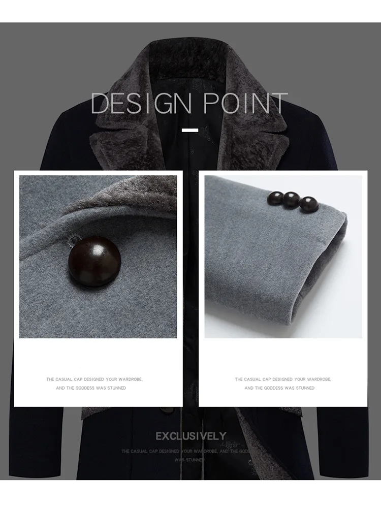 Fur collar windbreaker men's wool blend winter coat men's long section casual woolen coat men's slim warm windproof woolen coat