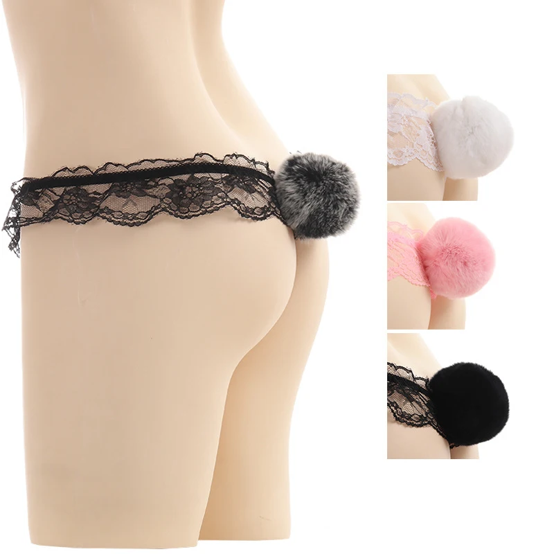 

2pcs Women Sexy Erotic Open Crotch Pearl Briefs Lace Underwear Cute Bunny Ball Cosplay Panties Rabbit G-String T-Back Lingerie