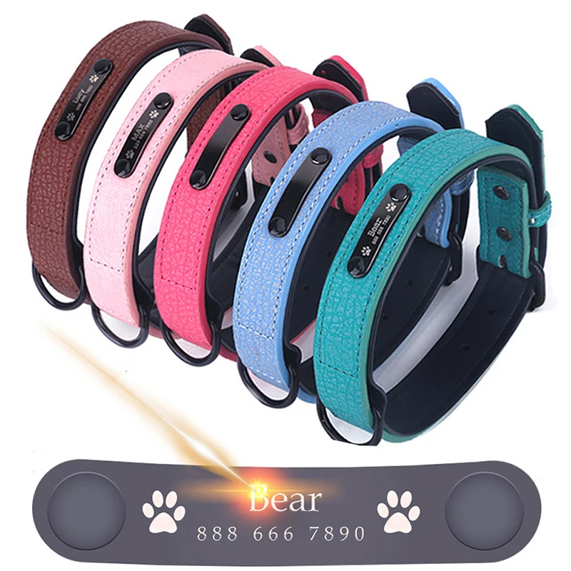 

Dog Collars Personalized Custom DIY Leather Dog Collar Laser engraved name phone number For Small Medium Large Dogs Pitbull Bull