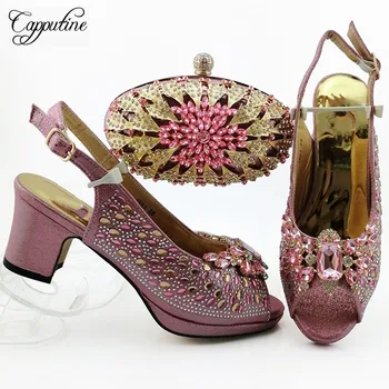 

Graceful pink with stones party set high heel pump shoes and handbag set 18B4 heel height 7cm