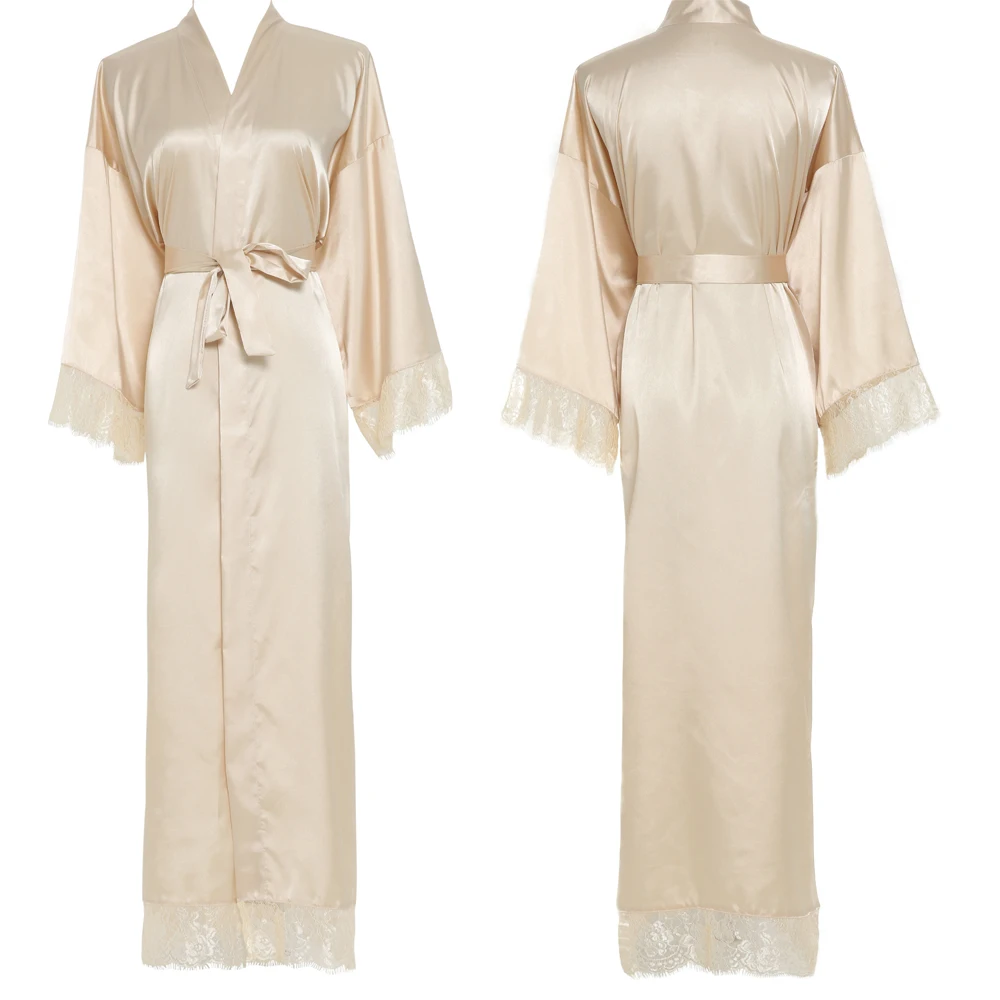 

Women Sexy Gray Large Plain Bride Kimono Satin Silk Lace Robe Sleepwear Dress Gown Wedding Robe Bathrobe Ladies Long Gowns New