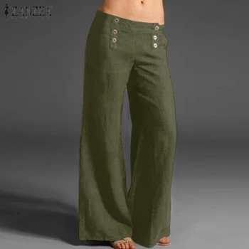 

Fashion Button Wide Leg Pants Women Spring Trousers 2020 ZANZEA Casual High Elastic Wasit Long Pantalon Palazzo Plus Size Turnip