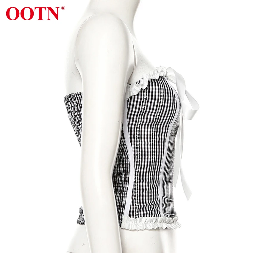 OOTN клетчатый топ с принтом, женские сексуальные топы с открытыми плечами, топ с оборками и бантом, весна-лето, Женская майка без рукавов