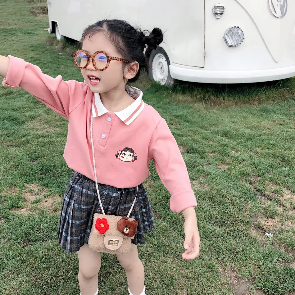 

2019 Autumn New Style Childrenswear Girls Fold-down Collar Cartoon Polo Shirt Children Baby Fashion Tops T-shirt Shirt