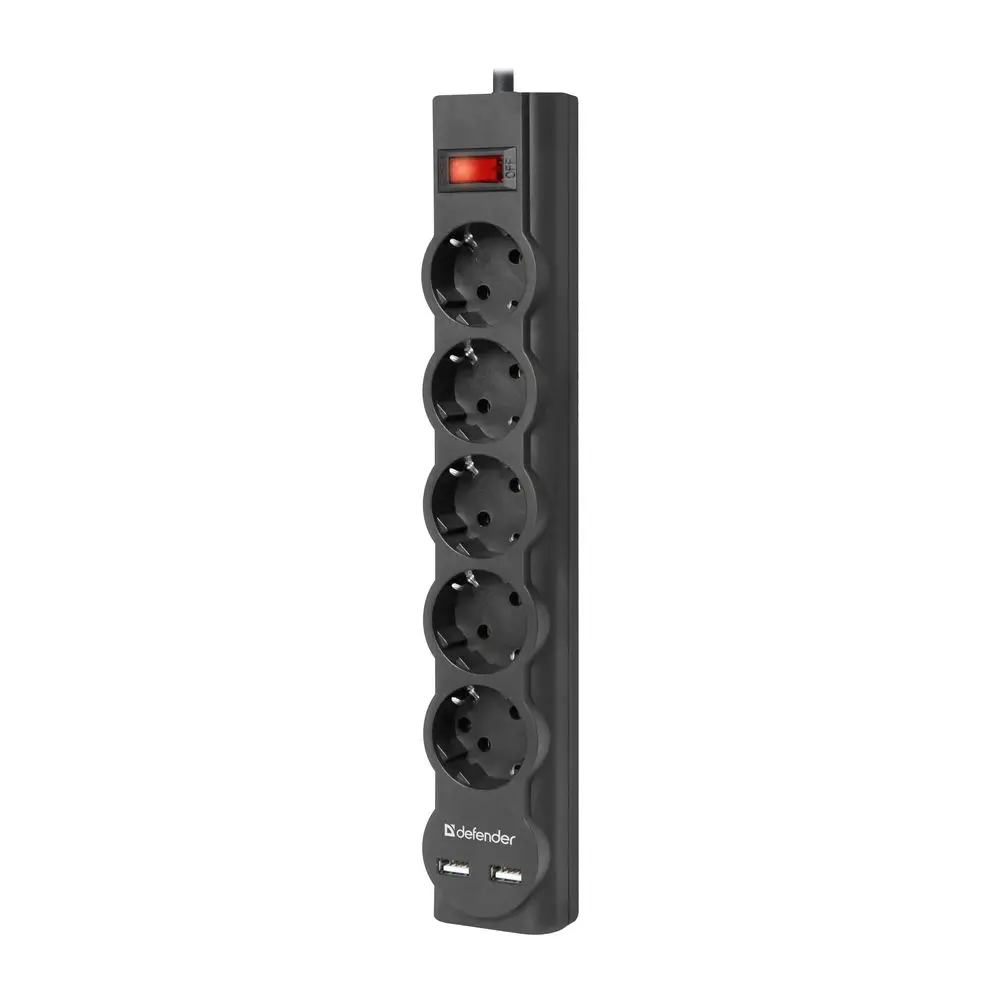 Сетевой фильтр Defender DFS 755 5,0 м, 5 розеток, 2xUSB, 2.1A