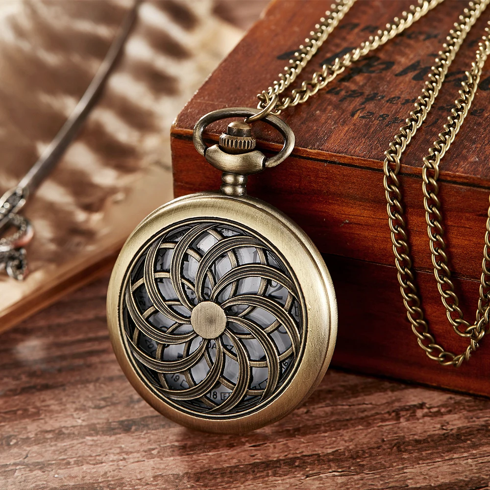 vintage antique copper quartz pocket watch chains flower pattern case hollow cover digital dial pendant necklace clock women men 2022 Retro Bronze Quartz Men Women Pocket Watch Windmill Hollow Clock Steampunk Digital Dial Casual Pendant Necklace Chain reloj