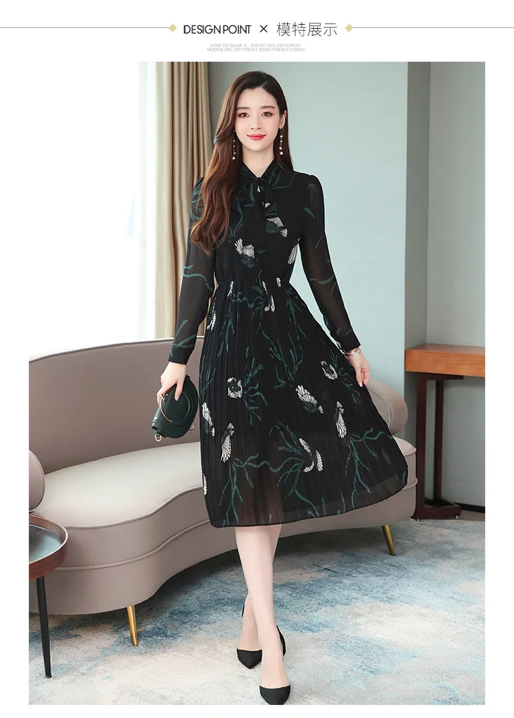 Femal Vintage Black Chiffon Midi Pleated Dresses Autumn Winter Print Long Sleeve Dress Elegant Women Bodycon Party Vestidos