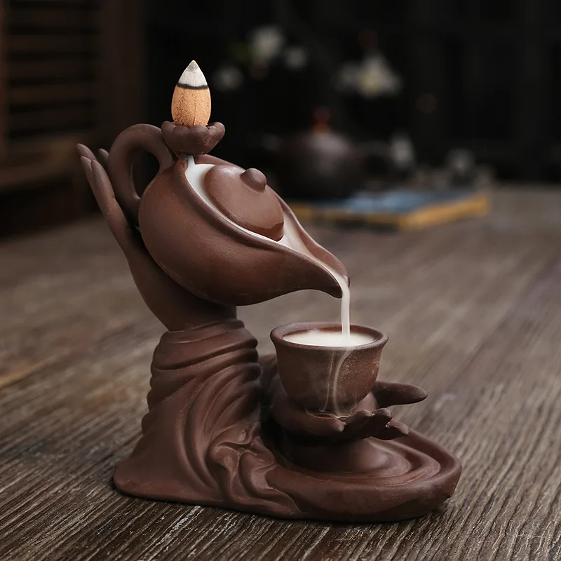 

New Peculiar Creative Home Decorations Zen Meditation Buddha Hand Lotus Tea Ceremony Backflow Incense Burner JU31509