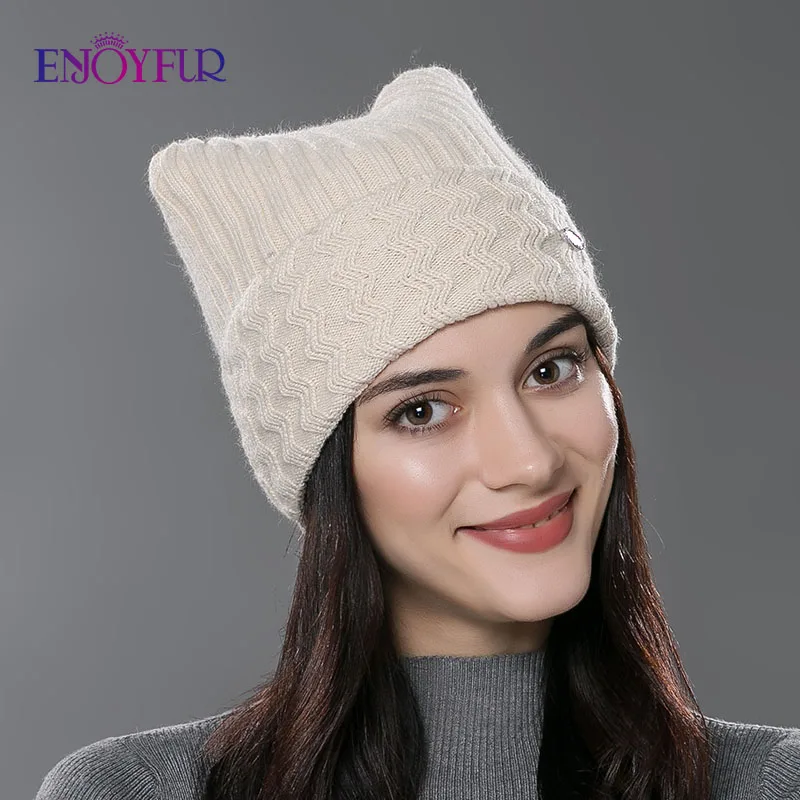 

ENJOYFUR Winter Cotton Knitted Hats For Women Lovely Cat Ear Beanies Cute Casual Hats High Quality Caps