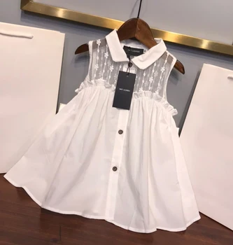 

2020 Summer New White Sweet A-line Sleeveless Shirt Collar Frilly Button Hollow Out Pleated Children BabyDress Girls 90-130 Kids