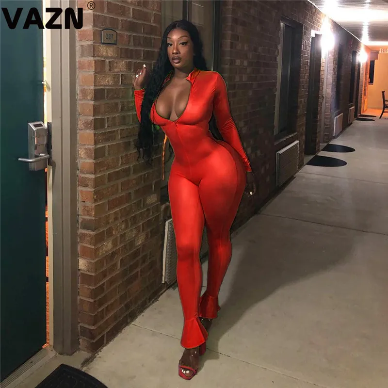 VAZN новые кожаные комбинезоны, сексуальные Клубные Необычные одноцветные с круглым вырезом и длинным рукавом, эластичные женские длинные облегающие комбинезоны с высокой талией