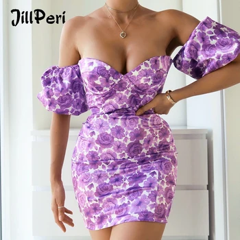 

JillPeri Off the Shoulder Women Print Dress Sexy Padded Cup Satin Stretch Daily Outfit Party Vacation Summer Dress