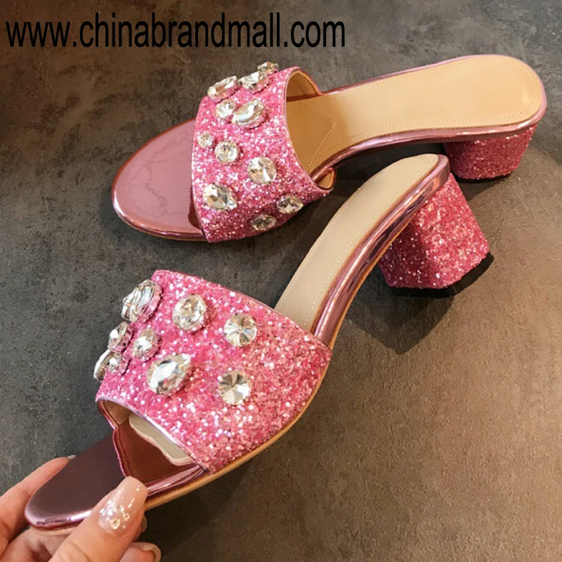 

Slipper Square Heel Ladies Slide High Quality Pink Slippers For Women Rhinestone Slippers High Heel With Bling Bling