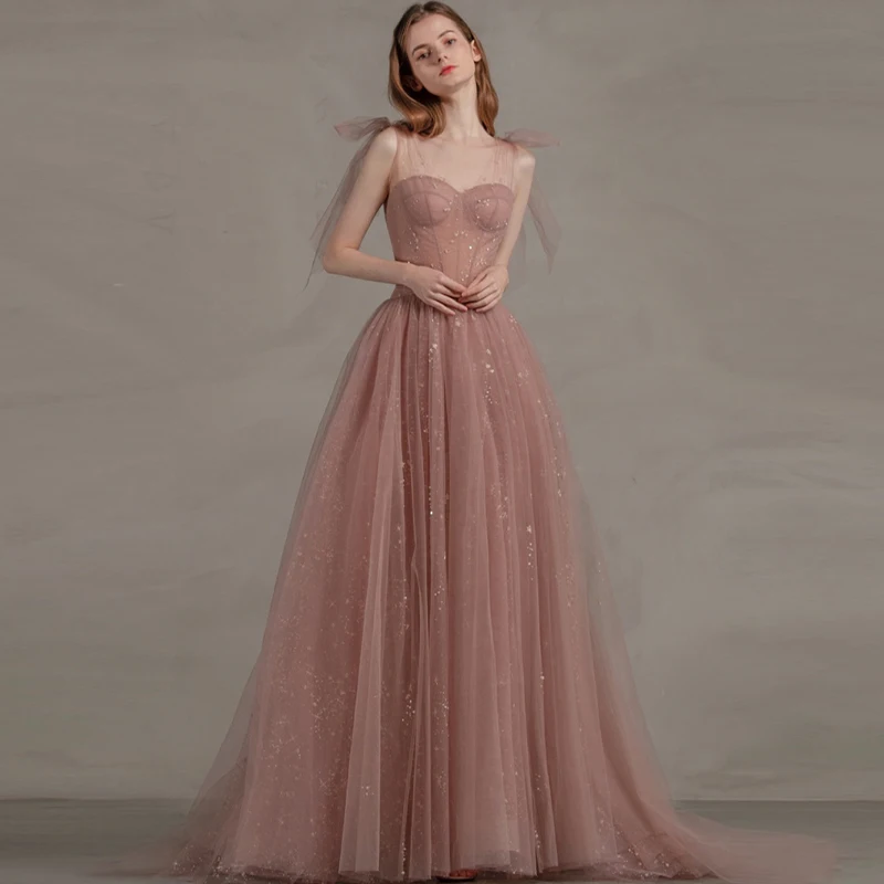 Paillettes Lussuoso Abito Da Sera Senza Maniche Cerniera Posteriore A-Line O-Collo Piega Al Pavimento Tulle Nuova Donna Abiti Da Cerimonia Convenziona