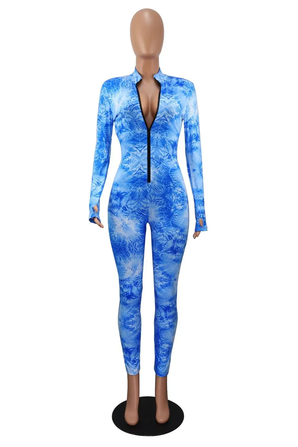 Adogirl Women Tie Dye Print Zipper Jumpsuit Sexy V Neck Long Sleeve Pencil Pants Slim Romper Fashion Casual Women Playsuit