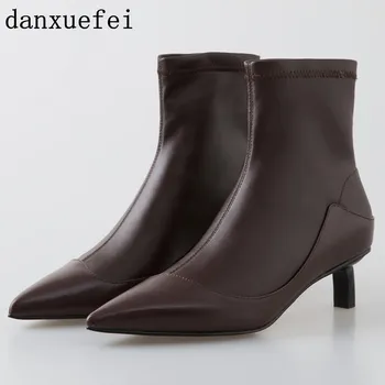 

Women's genuine leather thin high heel pointed toe autumn ankle boots balck slim elegant ladies dress short booties shoes women