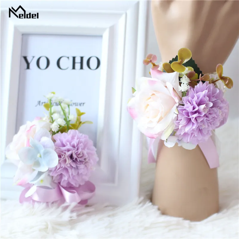 

Meldel Boutonniere Wedding Wrist Corsage Bracelet Bridesmaid Silk Rose White Groom Boutonniere Flowers Prom Marriage Accessories