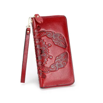 

Chinese style Embossed Wallet Genuine Leather Womens Wallets and Purses High Quality Soft Money Bag 2020 New Zipper Clutch Bags