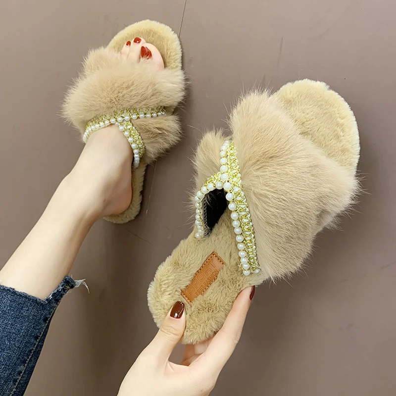 

Shoes Flat Slippers Loafers Slides Fashion Platform String Bead Pokemon Plush Low Luxury 2019 Soft Fur with fur Sweet Rubber