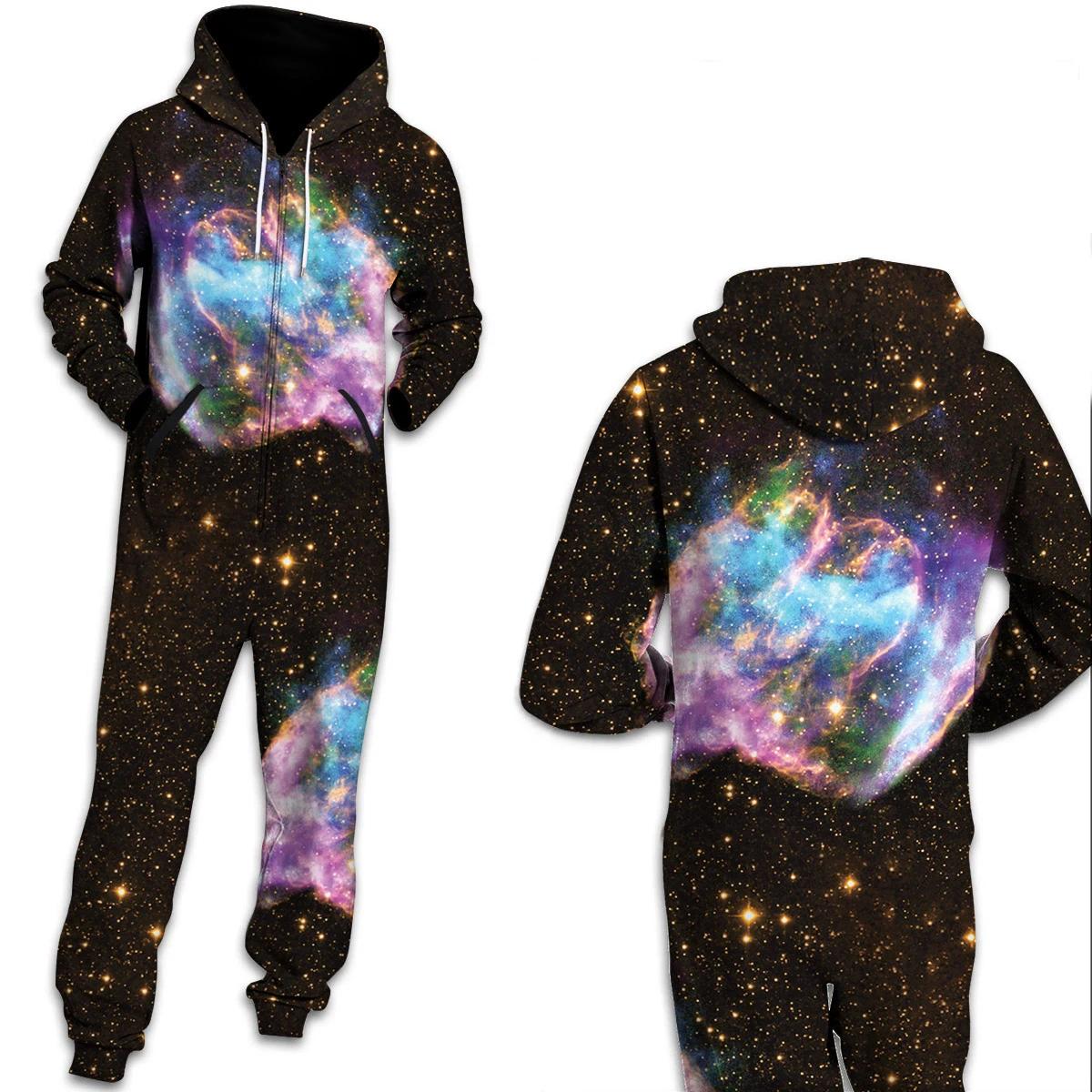 Женские пижамы с космическими галактиками и звездами, одежда для дома, унисекс, свободные, с капюшоном, на молнии, открытые, пижамы, Комбинезоны для взрослых