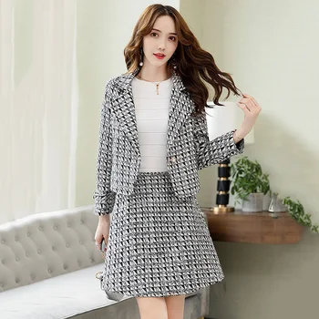 

Women's Dress Suit Wool Jacket Coat Winter 2019 Autumn Winter Slim Dress Coat Two Pieces Set Casual Female OL Outwear XXL