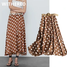 

Dave&Di england office lady vintage polka dot high waist sashes loose midi skirt women faldas mujer moda 2020 long skirts womens