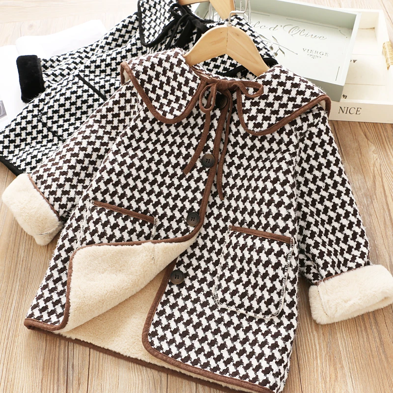 Crianças menina casaco de inverno nova moda houndstooth lã casaco para meninas adolescentes outono quente longo outerwear crianças à prova vento