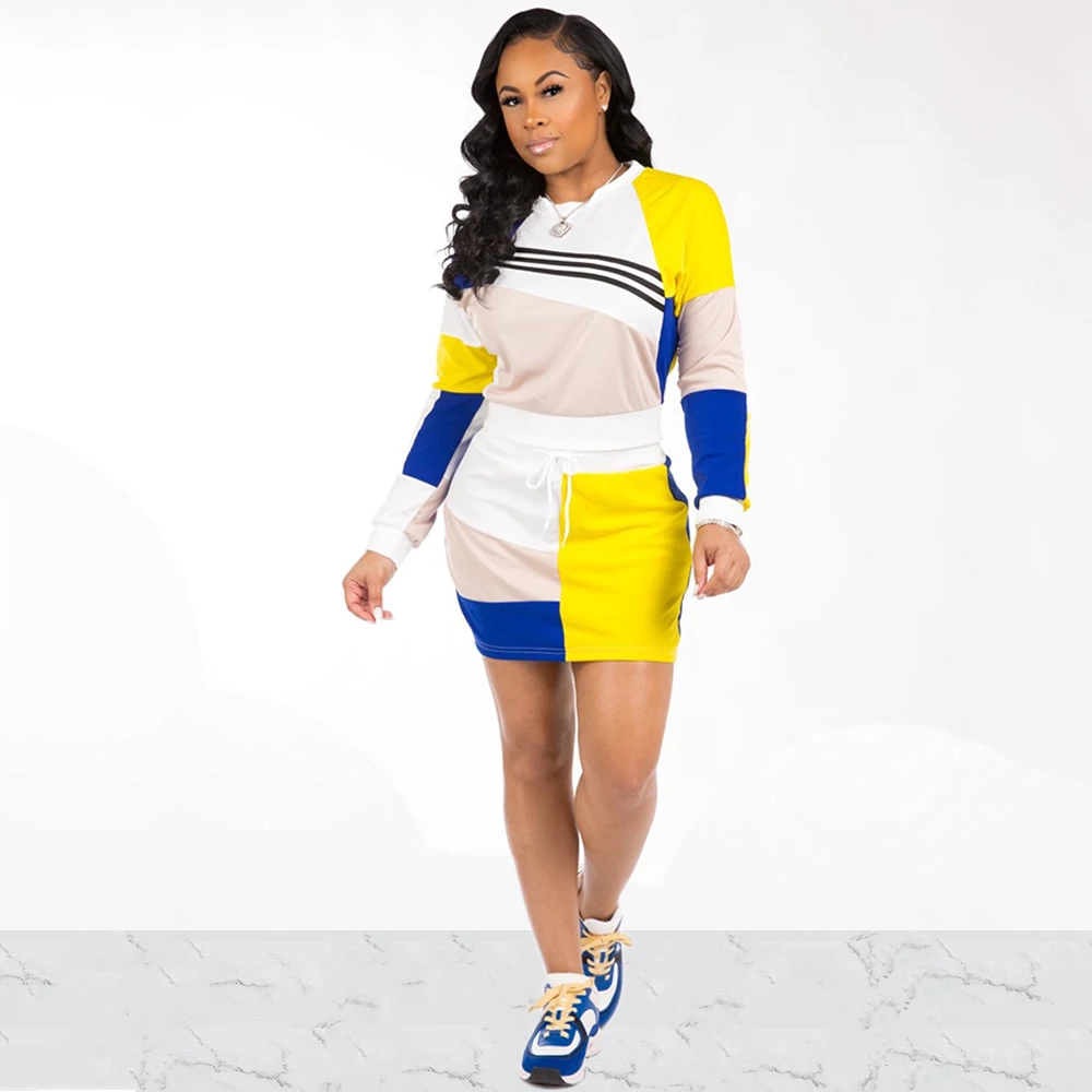 

Women Casual O-Neck Long Sleeve Crop Top Pullover + Sexy Multicolor Patchwork Drawstring Mini Skirt 2 Pieces Set Elegant Outfits