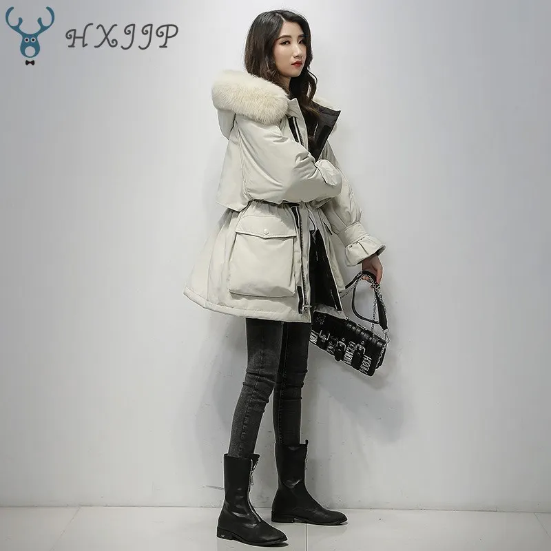 HXJJP большой натуральный Лисий мех с капюшоном зимняя куртка для женщин 90% белый утиный пух толстые парки теплый Пояс завязывается зимнее пальто