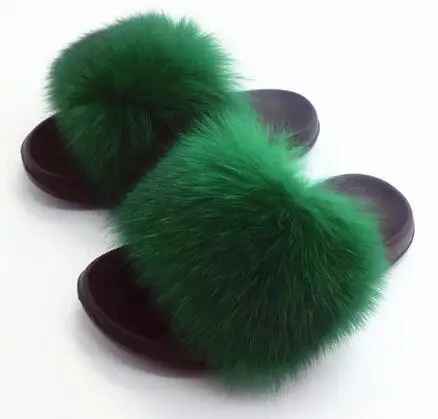 Green Тапочки с натуральным лисьим мехом; женские меховые домашние сандалии; детские пушистые меховые шлепанцы; женские Вьетнамки с лисьим мехом; домашние тапочки для родителей и детей - Color: Green