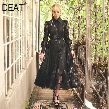 

DEAT 2020 New Spring Fashion Women Lapel Mesh Embroidery Splice Shirt And High Waist A-line Pleated Skirt Vintage Suit PD127