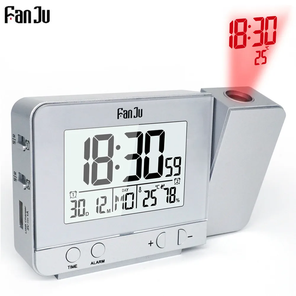 Silver Fanju FJ3531 проекционный будильник цифровая функция повтора даты подсветка вращающийся Пробуждение проектор Многофункциональный al светодиодные часы - Цвет: Silver