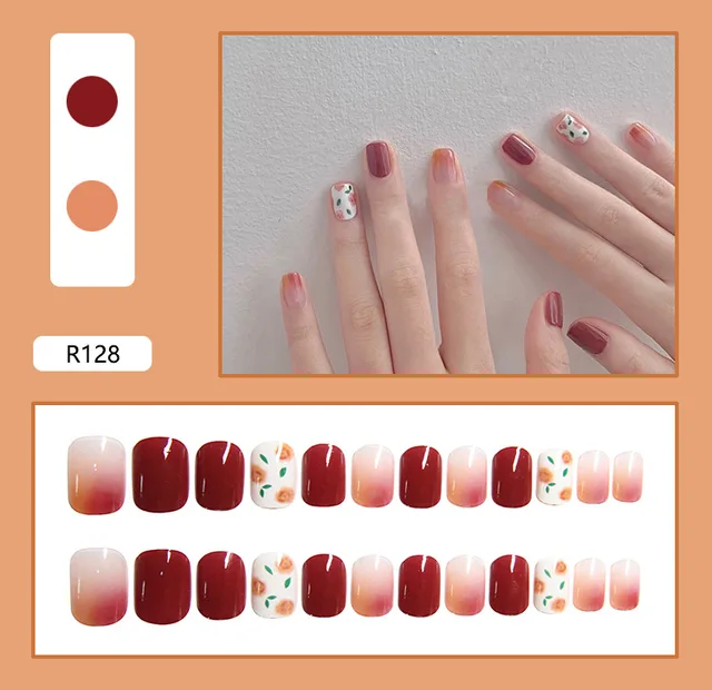 24 Sheet/Set Cute Face Fake False Nail Tips Grid Round Full Cover Glue Manicure Makeup New Design Pure Art Nail Stickers R128