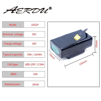 

AERDU 36V 10S2P 25p 5Ah 180Wh lithium battery pack, the battery pack series is suitable for scooters, unicycles, etc. with BMS