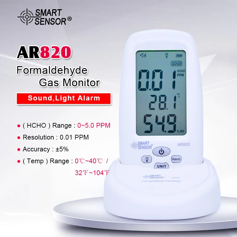 AR820 формальдегид (HCHO) метр, Формальдегид детектор газа; измерение температуры и влажности, большой ЖК-дисплей/звук, светильник