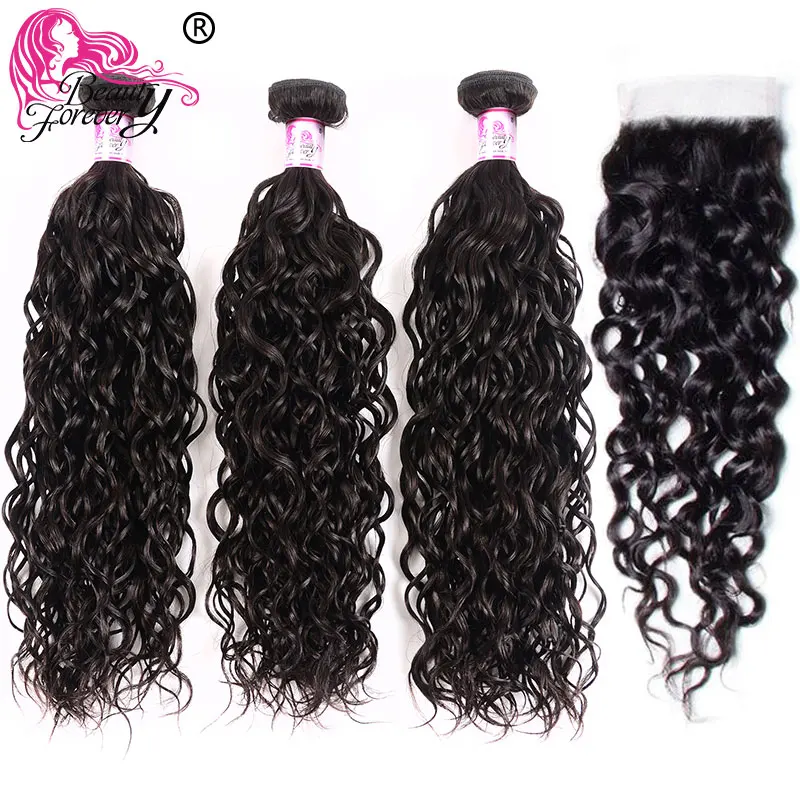 

Beauty Forever Water Wave Brazilian Hair Weave 3 Bundles With Closure Free Part 100% Remy Human Hair