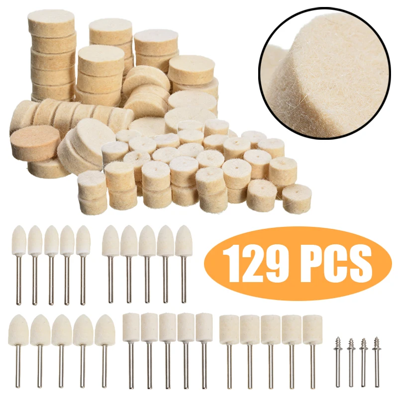 129Pcs Wool Polishing Wheel Set 3.175mm Felt Wool Polishing Grinding Buffing Pad Rotary Tools For Metal Surface Polishing