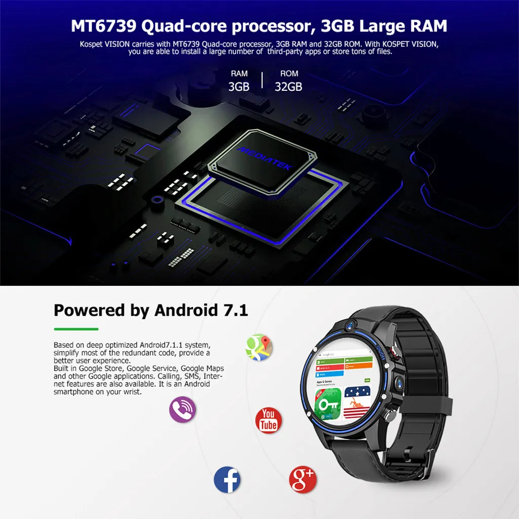 Смарт-часы Kospet VISION, 3 ГБ ОЗУ, 32 Гб ПЗУ, 800 мАч, аккумулятор, 4G, срок службы, водонепроницаемый, двойной 1,6 МП, 1,25 дюйма, для Android 7.1.1, MTK6739, ГГц